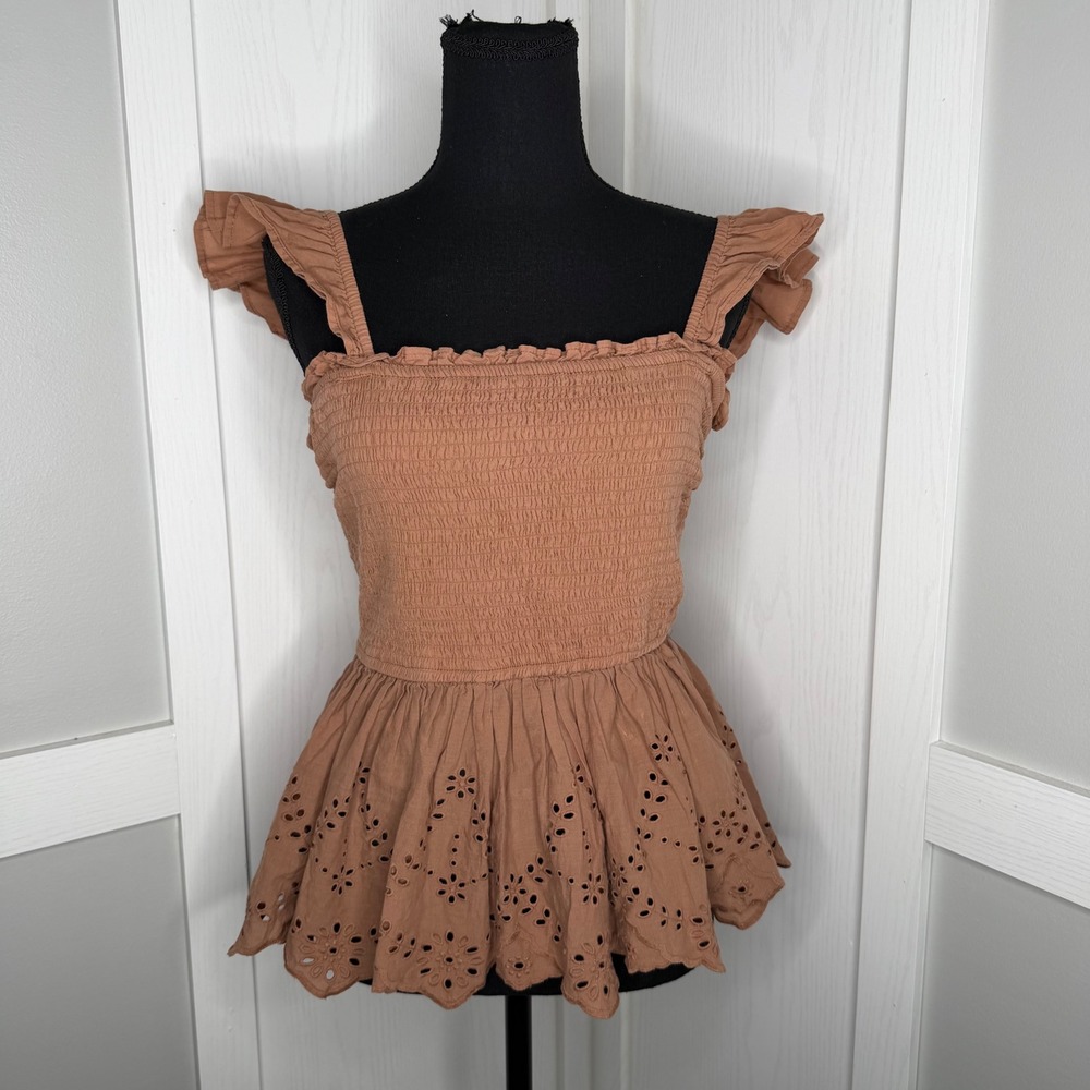 Japra Peplum Top Womens Medium Brown Eyelet Smocked Ruffle Cotton Sleeveless